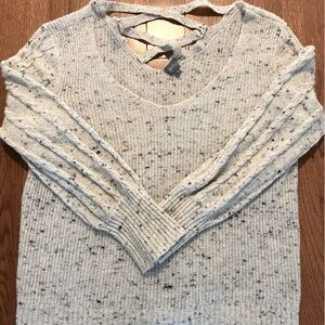 Grey speckled knit off the shoulder sweater
